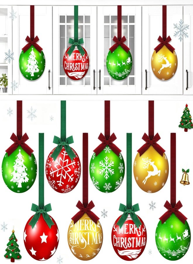 Fiwochic 8 Pcs Christmas Kitchen Cabinet Hanging Ornament with Velvet Red Green Bow 10 Inch Large Wooden Hanging Decoration 3D Merry Xmas Ball Decor for Kitchen Front Door Window Chair Tree Holiday - Image 1